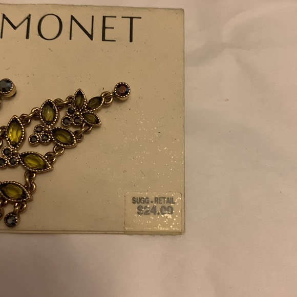 Monet Green Rhinestone and Gold Colored Metal Pierced Earrings - Picture 4 of 4